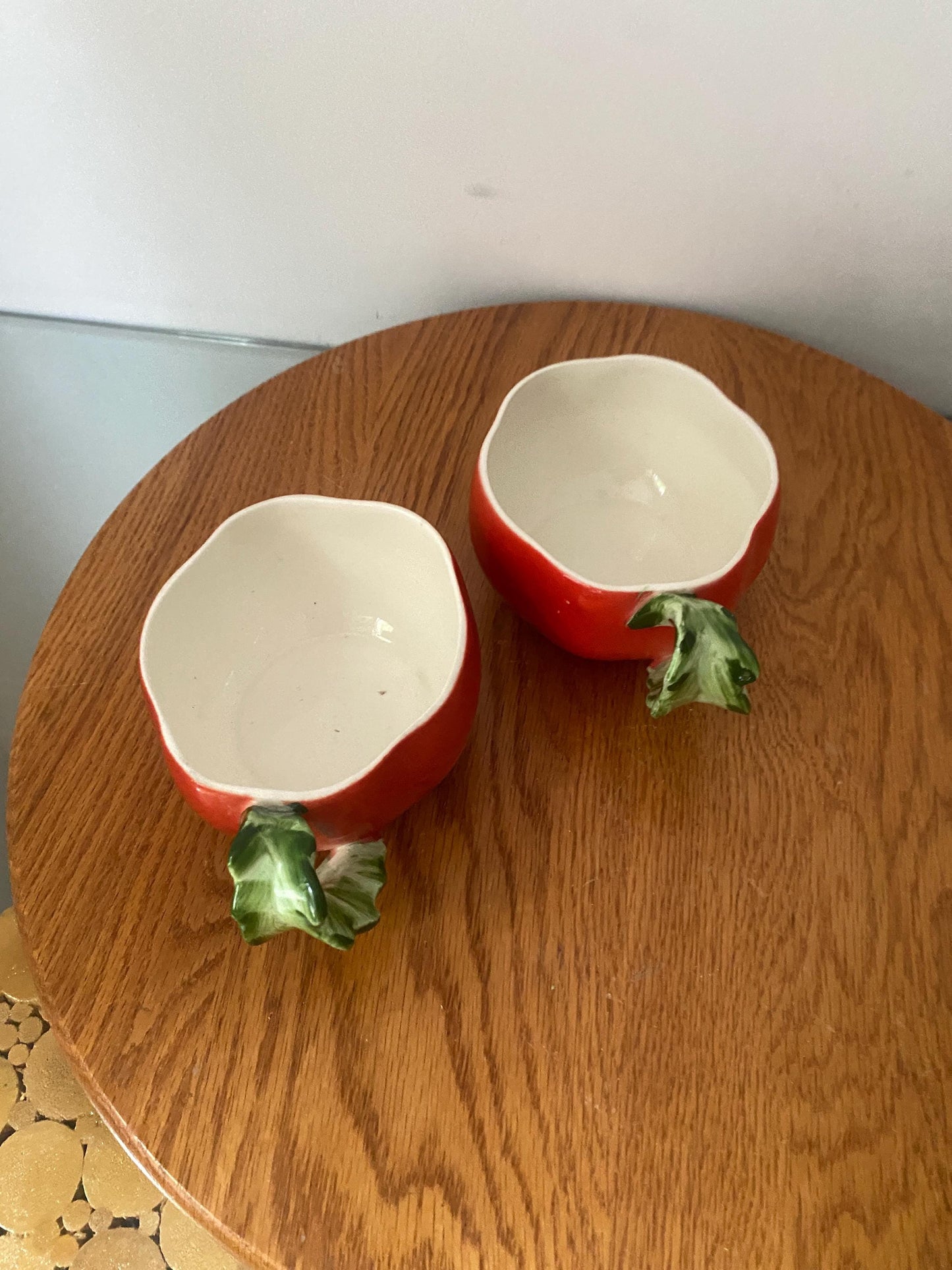 Pair of Vintage Holt Howard (1962) Hand Painted Bright Orange Tomato Cup with Leaf Handle
