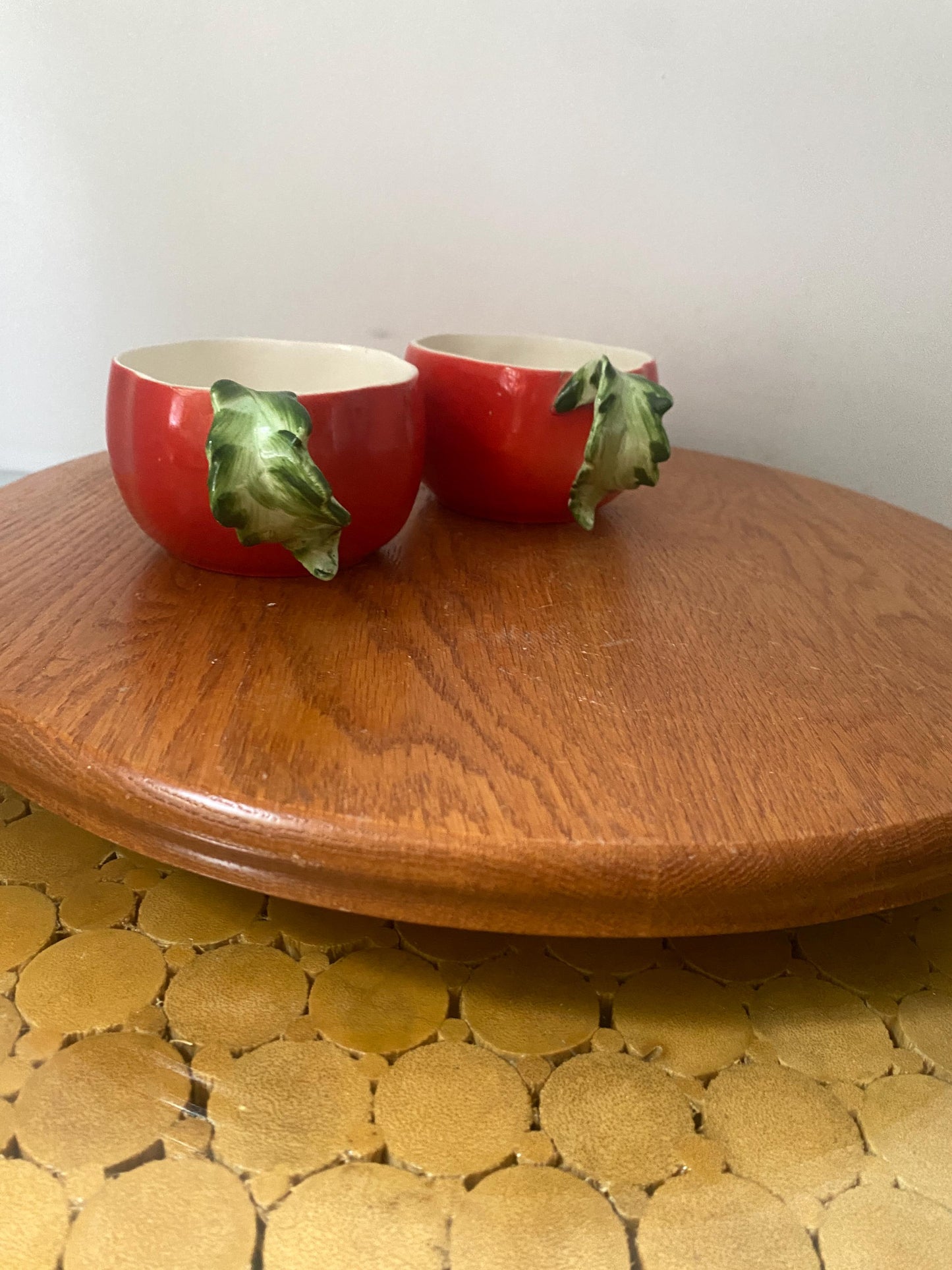 Pair of Vintage Holt Howard (1962) Hand Painted Bright Orange Tomato Cup with Leaf Handle