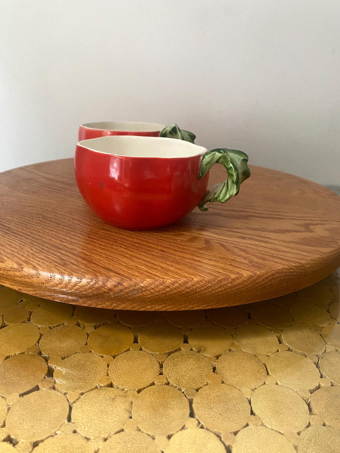 Pair of Vintage Holt Howard (1962) Hand Painted Bright Orange Tomato Cup with Leaf Handle
