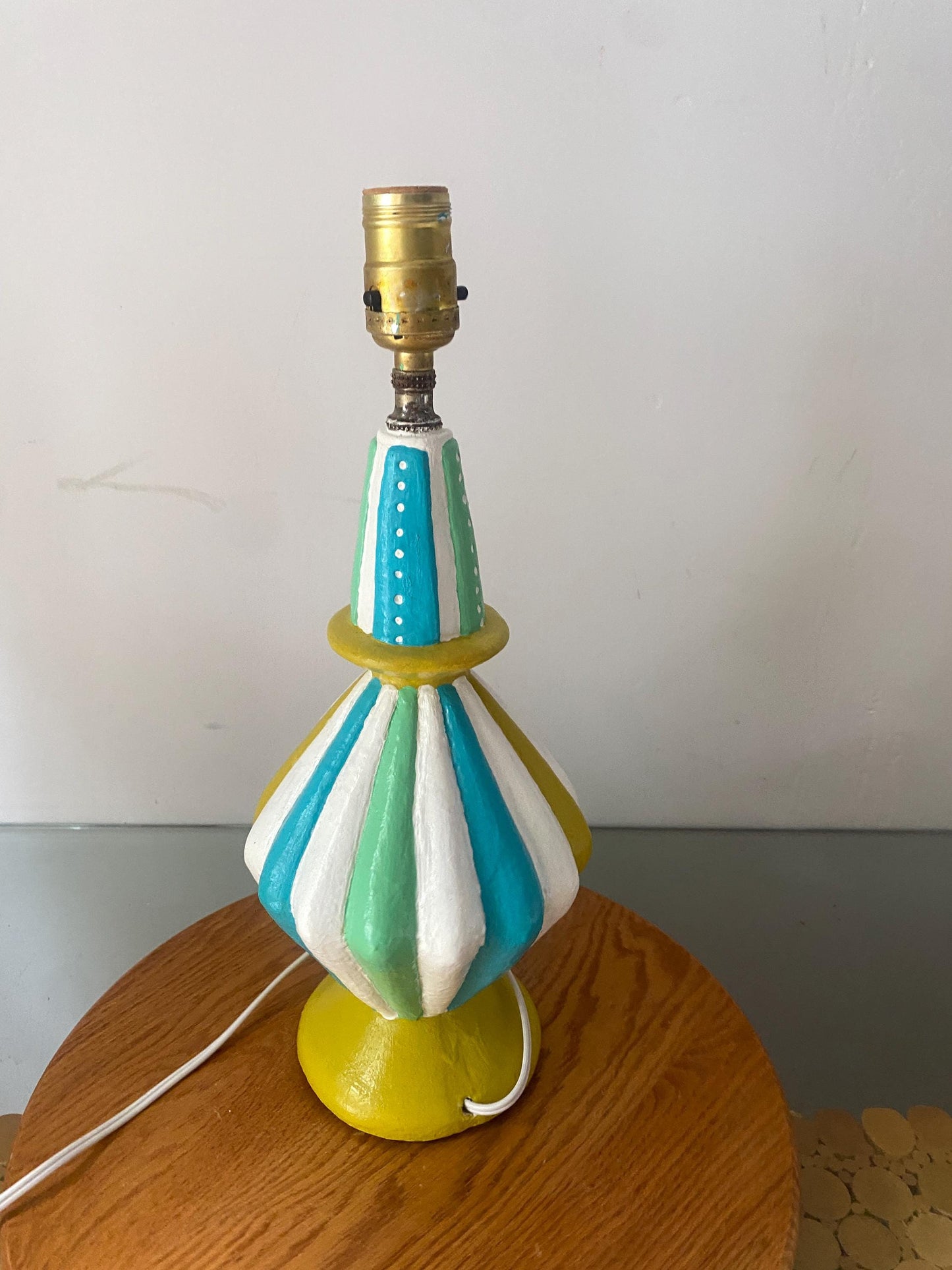 Medium MCM Freshly Painted Blue Yellow and White Chalkware Table Lamp No Shade