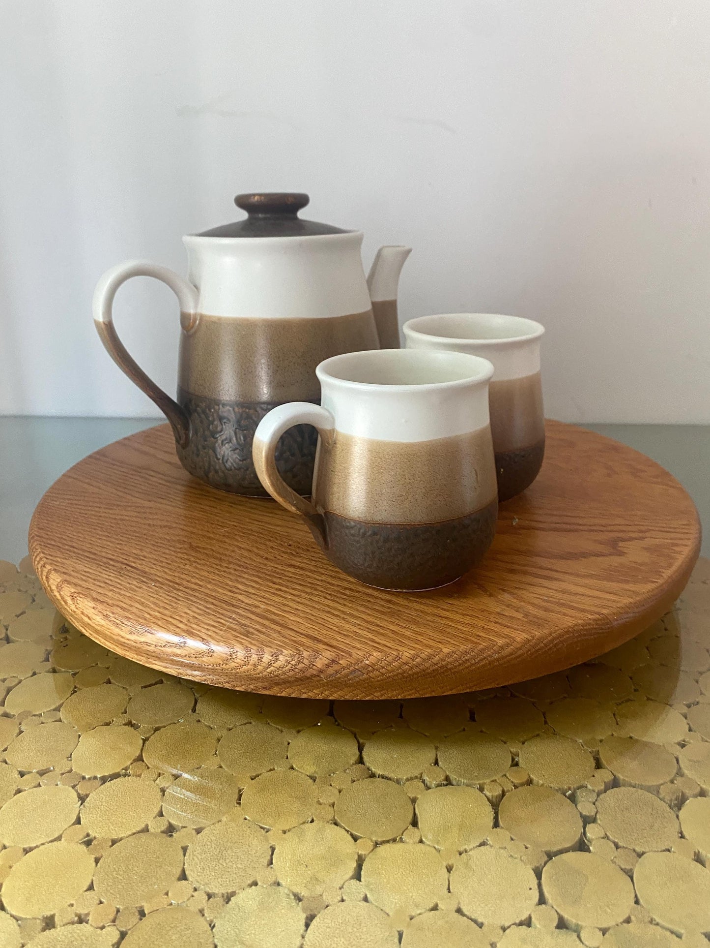 Vintage Brown Stripe Pottery Teapot and Pair of Mugs Made in Japan