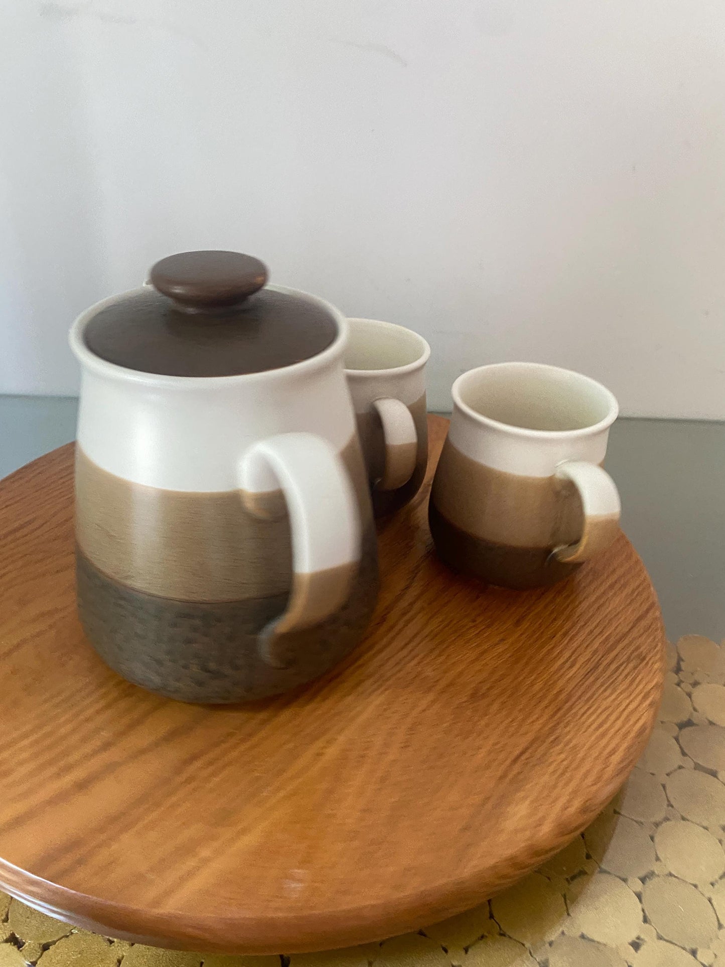Vintage Brown Stripe Pottery Teapot and Pair of Mugs Made in Japan