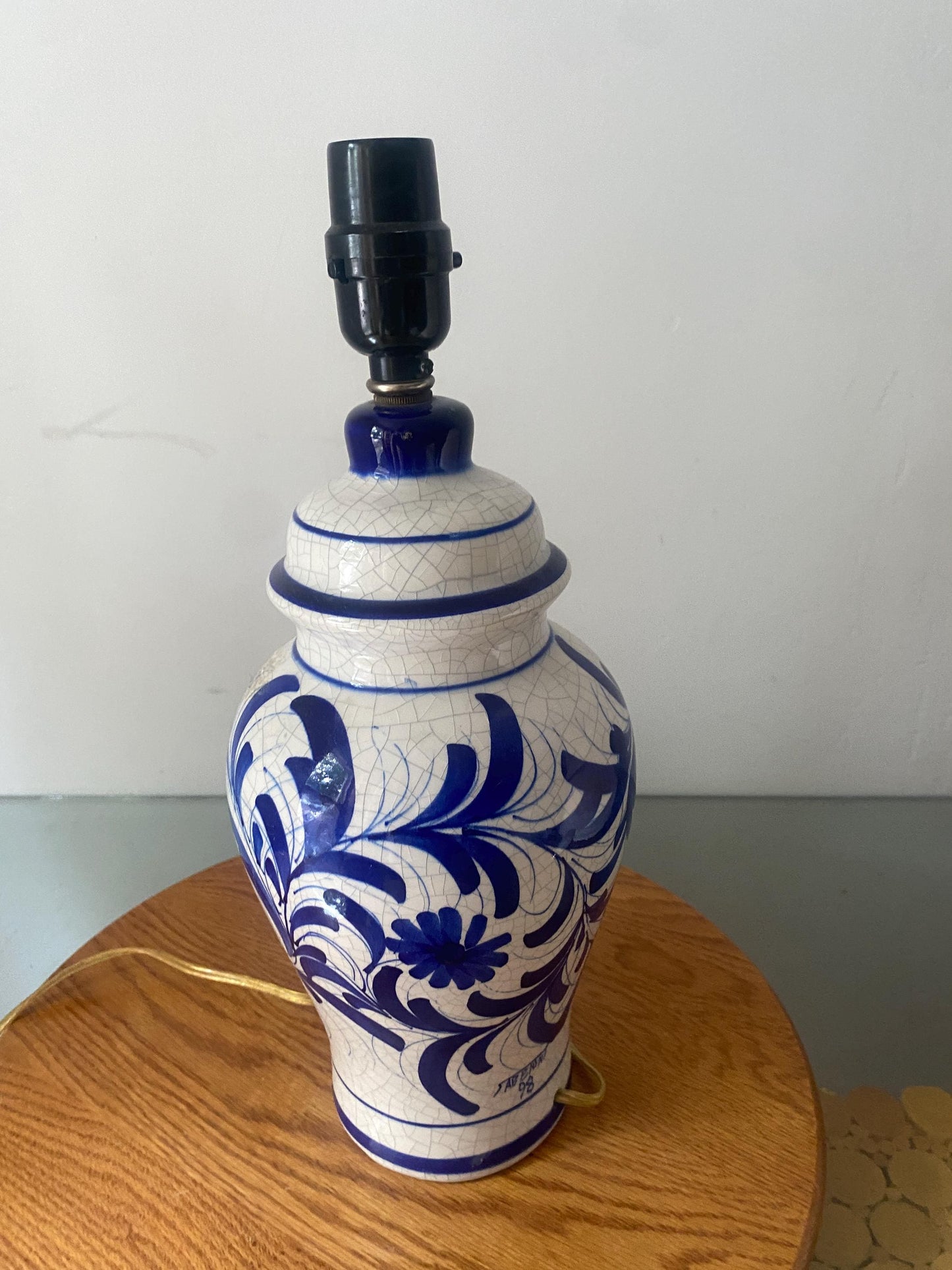 Medium Retro Blue and White Ceramic Lamp No Shade