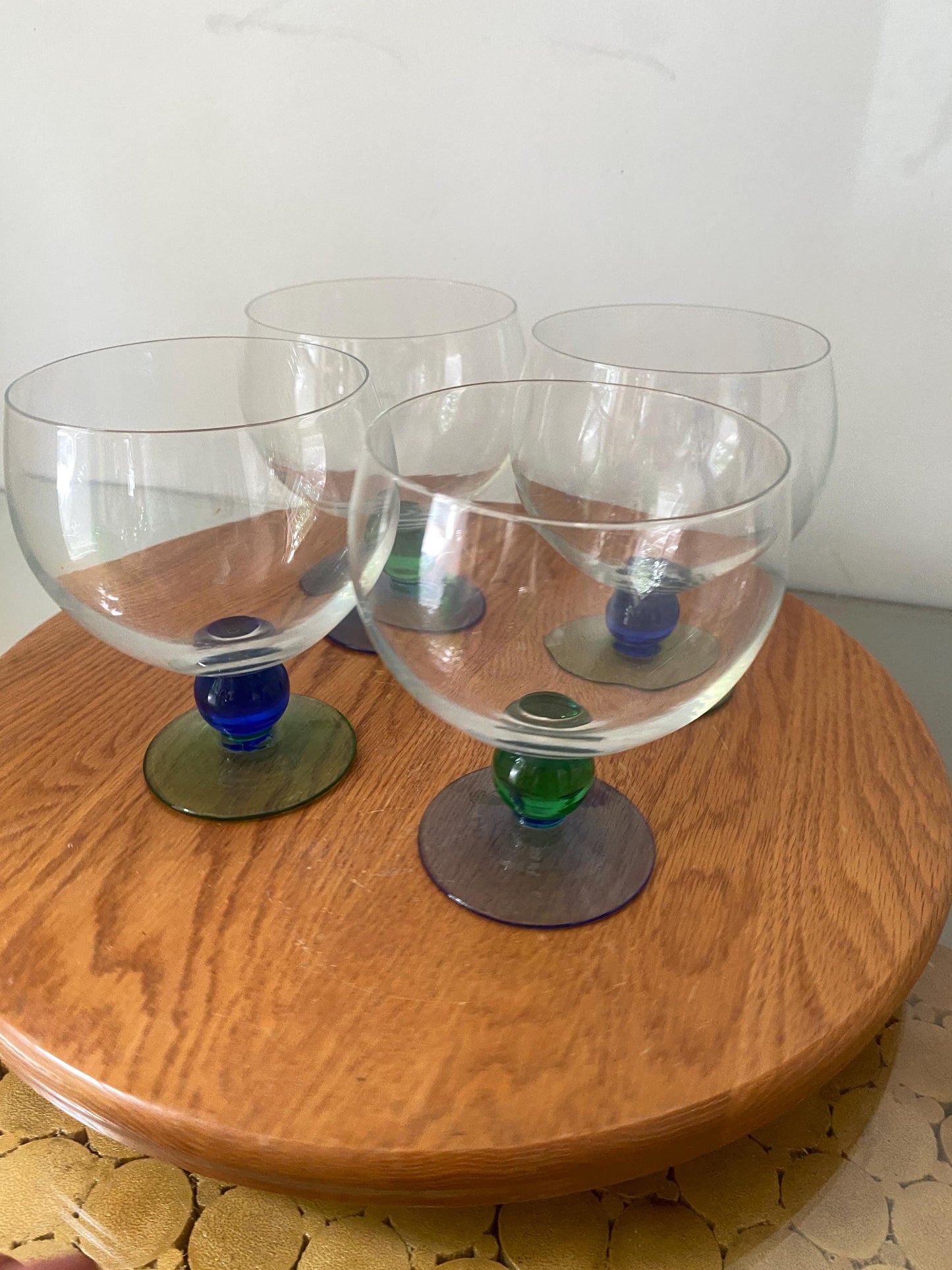 Retro Set of 4 Wide Mouth Cocktail Glasses with Blue and Green Stem