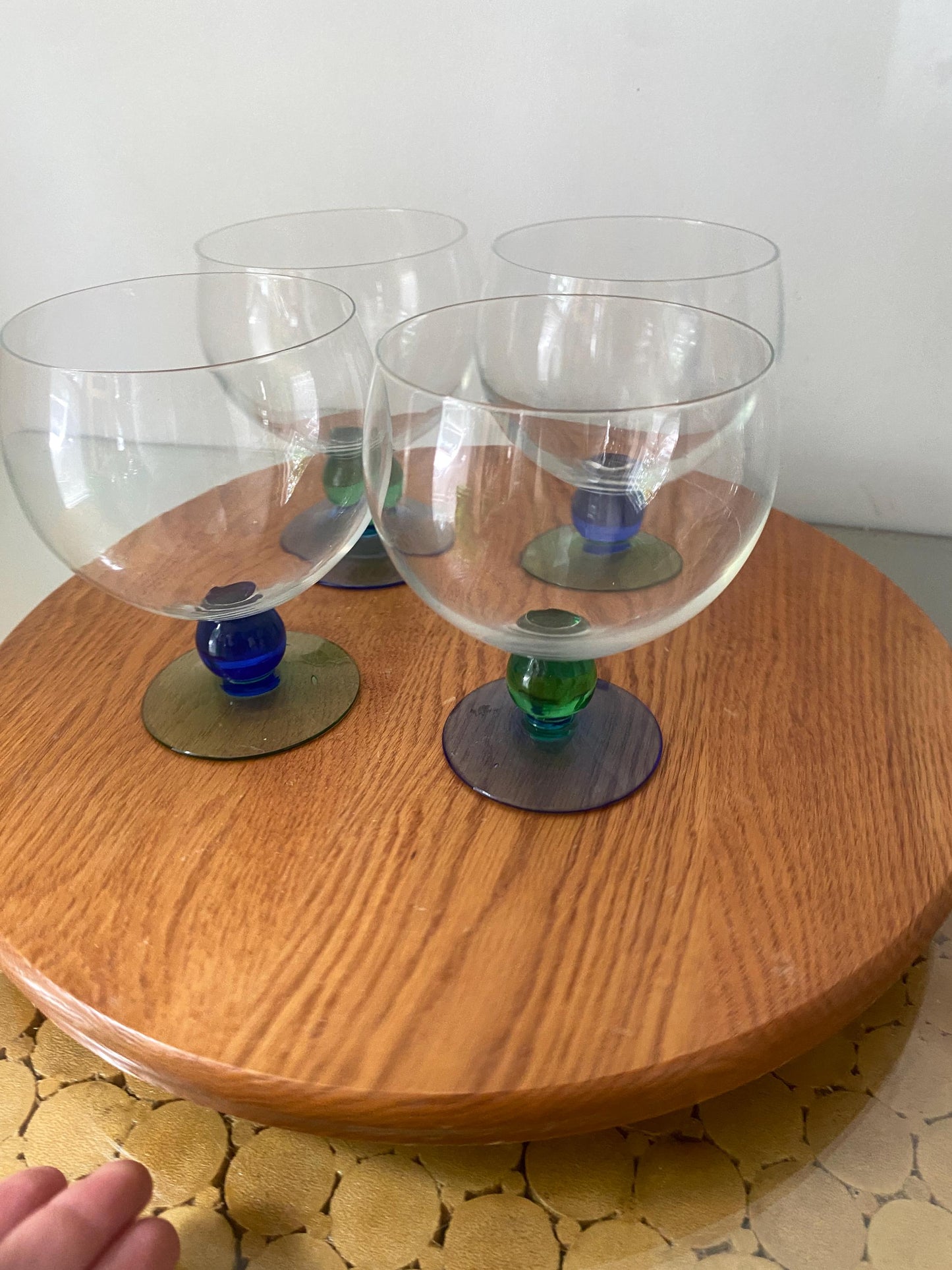 Retro Set of 4 Wide Mouth Cocktail Glasses with Blue and Green Stem