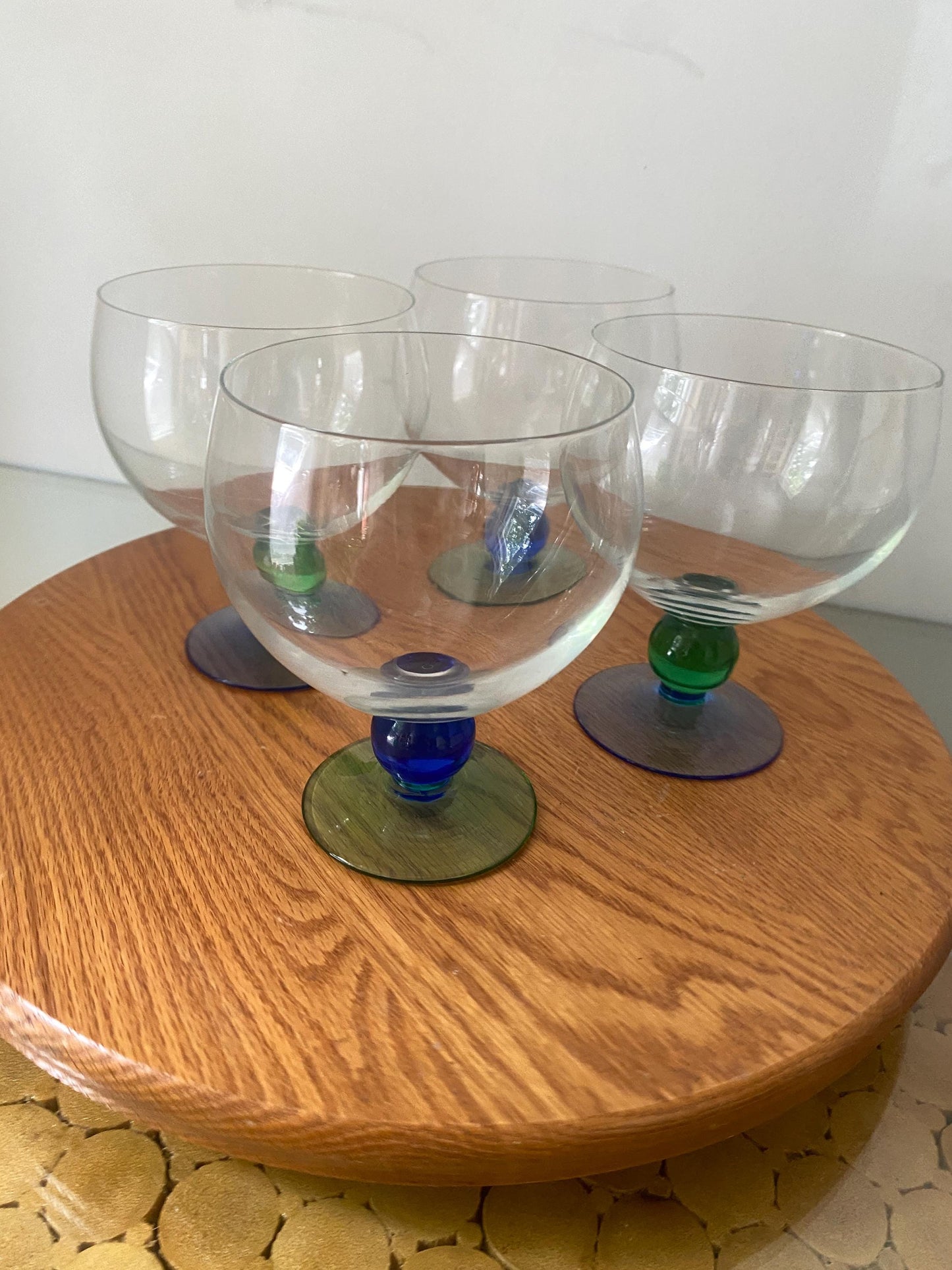 Retro Set of 4 Wide Mouth Cocktail Glasses with Blue and Green Stem
