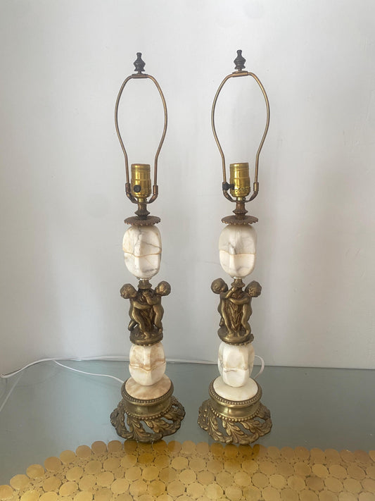 Pair of Gorgeous Marble Table Lamps with Brass Cherubs Made in Italy