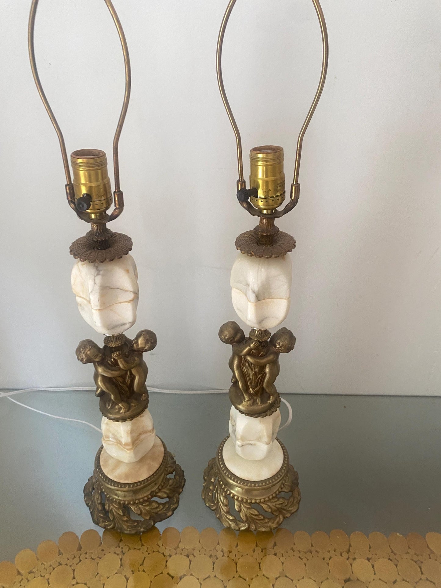 Pair of Gorgeous Marble Table Lamps with Brass Cherubs Made in Italy