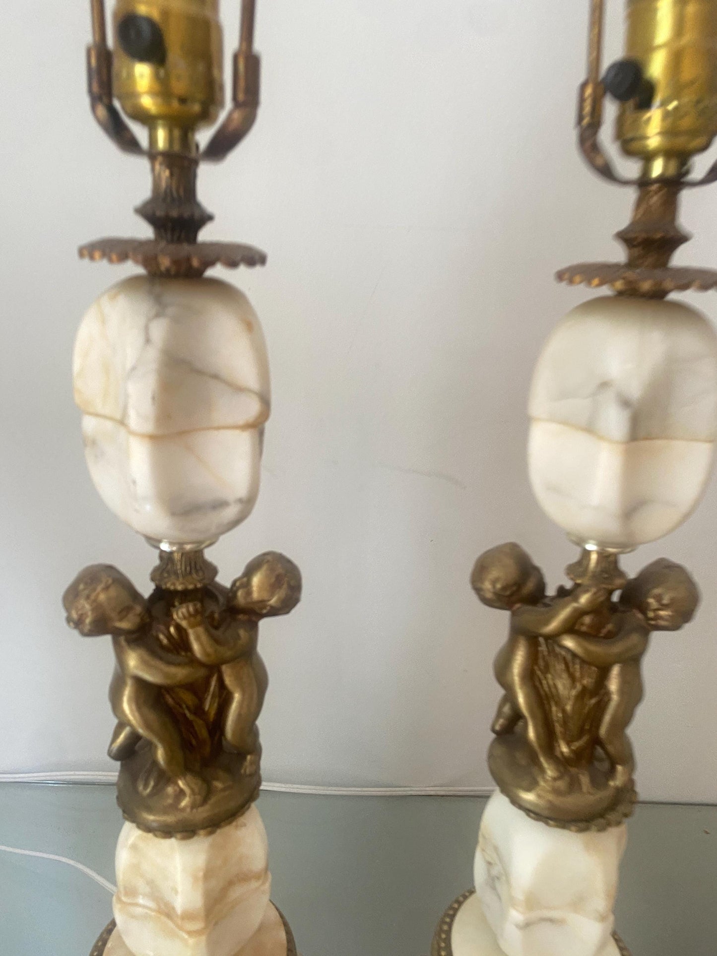 Pair of Gorgeous Marble Table Lamps with Brass Cherubs Made in Italy