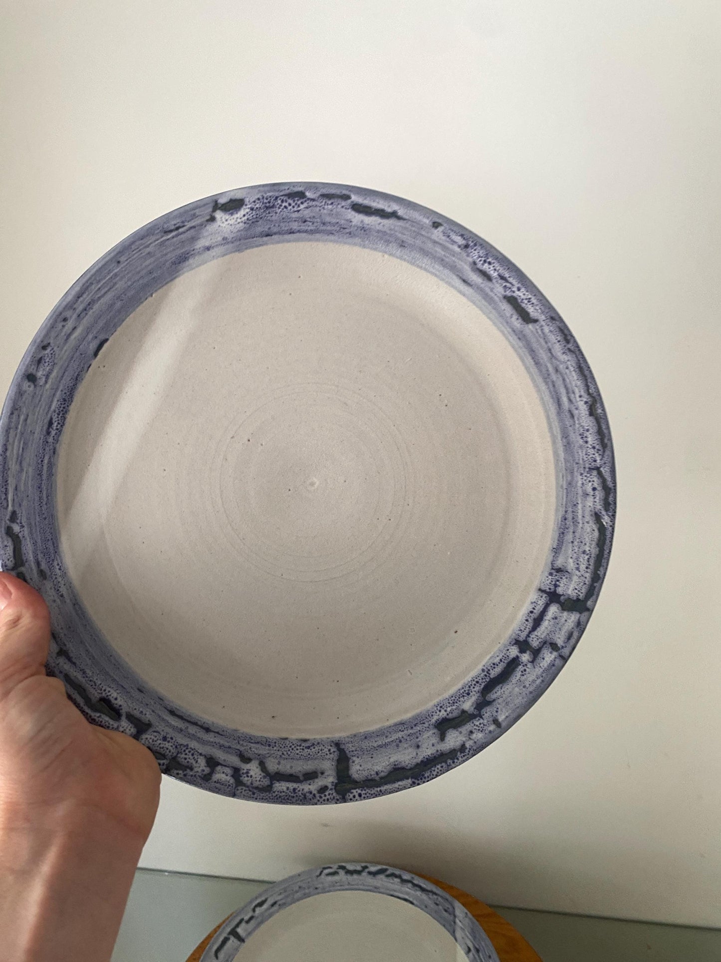 Hand Made Set of 4 Periwinkle Blue Rimmed Pottery Dinner Plates Made in Canada
