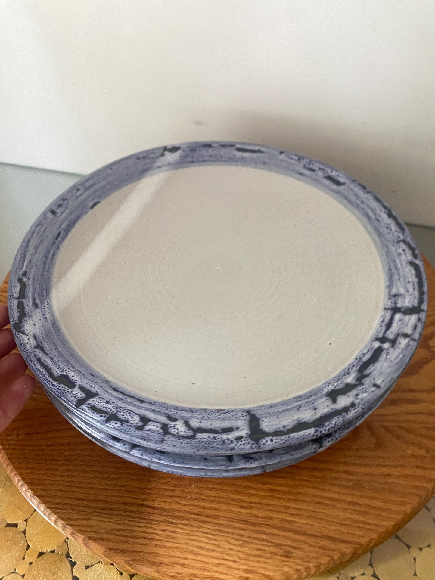 Hand Made Set of 4 Periwinkle Blue Rimmed Pottery Dinner Plates Made in Canada