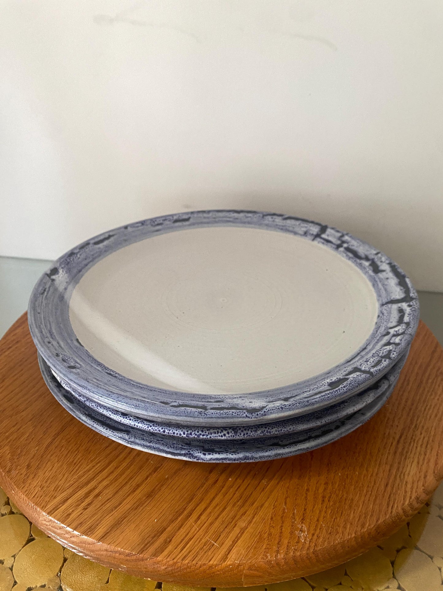 Hand Made Set of 4 Periwinkle Blue Rimmed Pottery Dinner Plates Made in Canada