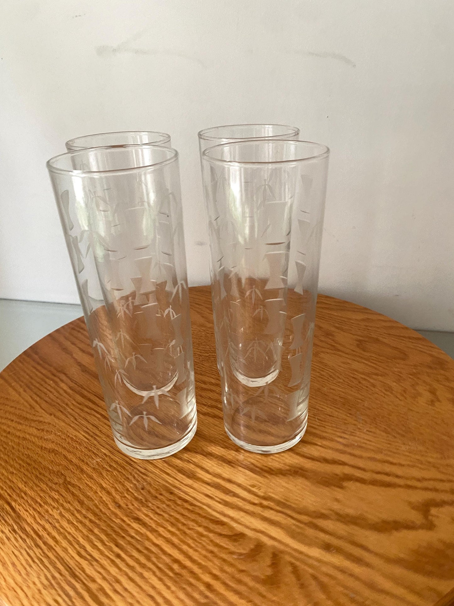 Vintage Libbey Set of 4 Clear Tom Collins Tumblers with Etched Bamboo