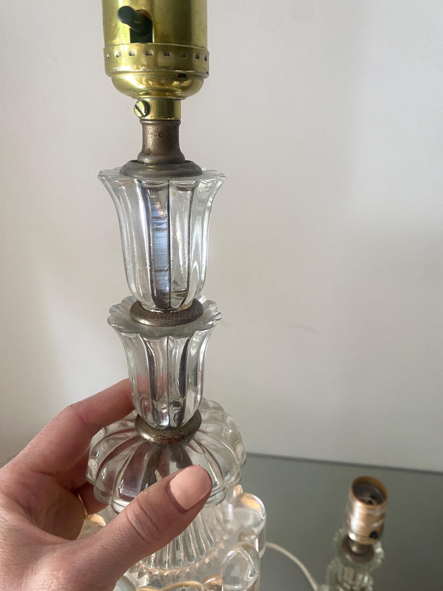 Pair of Vintage Small Clear Glass Accent Table Lamp No Shades