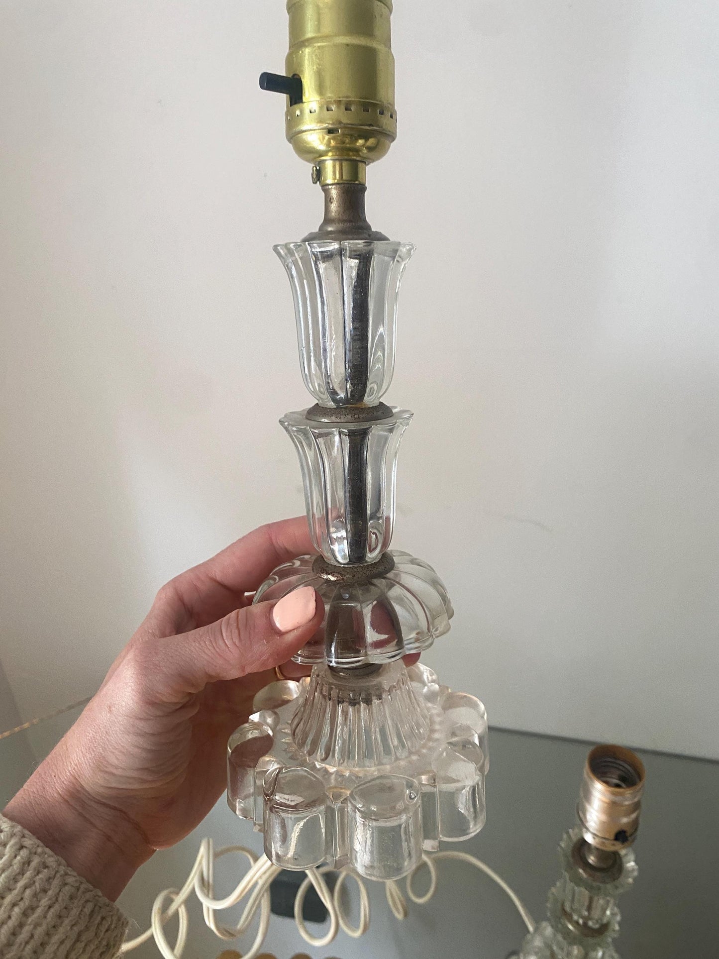 Pair of Vintage Small Clear Glass Accent Table Lamp No Shades