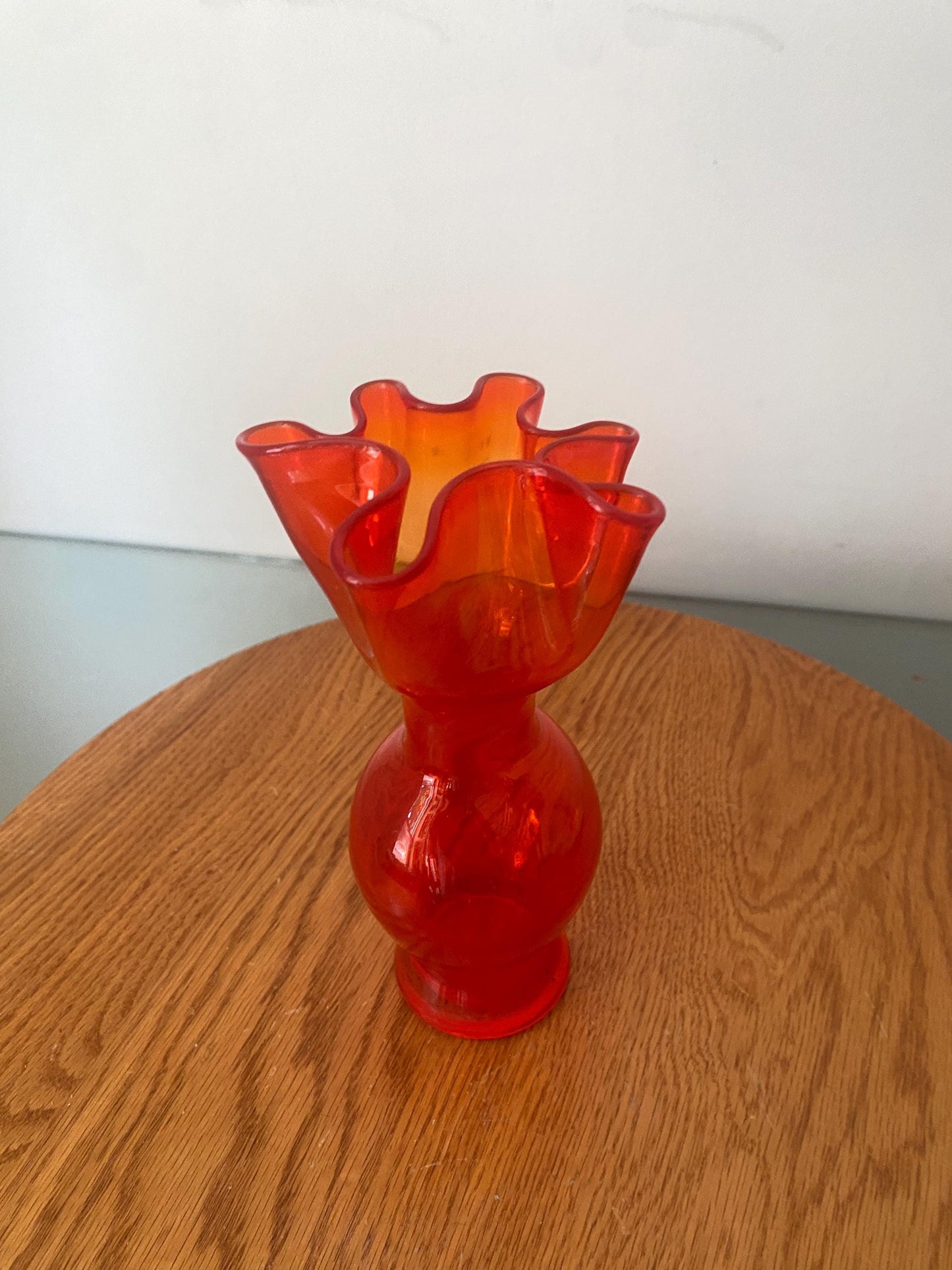Short Vintage Bright Red Frilled Glass Vase