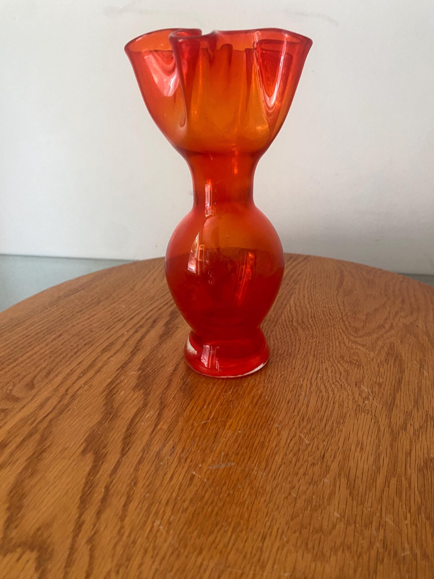 Short Vintage Bright Red Frilled Glass Vase