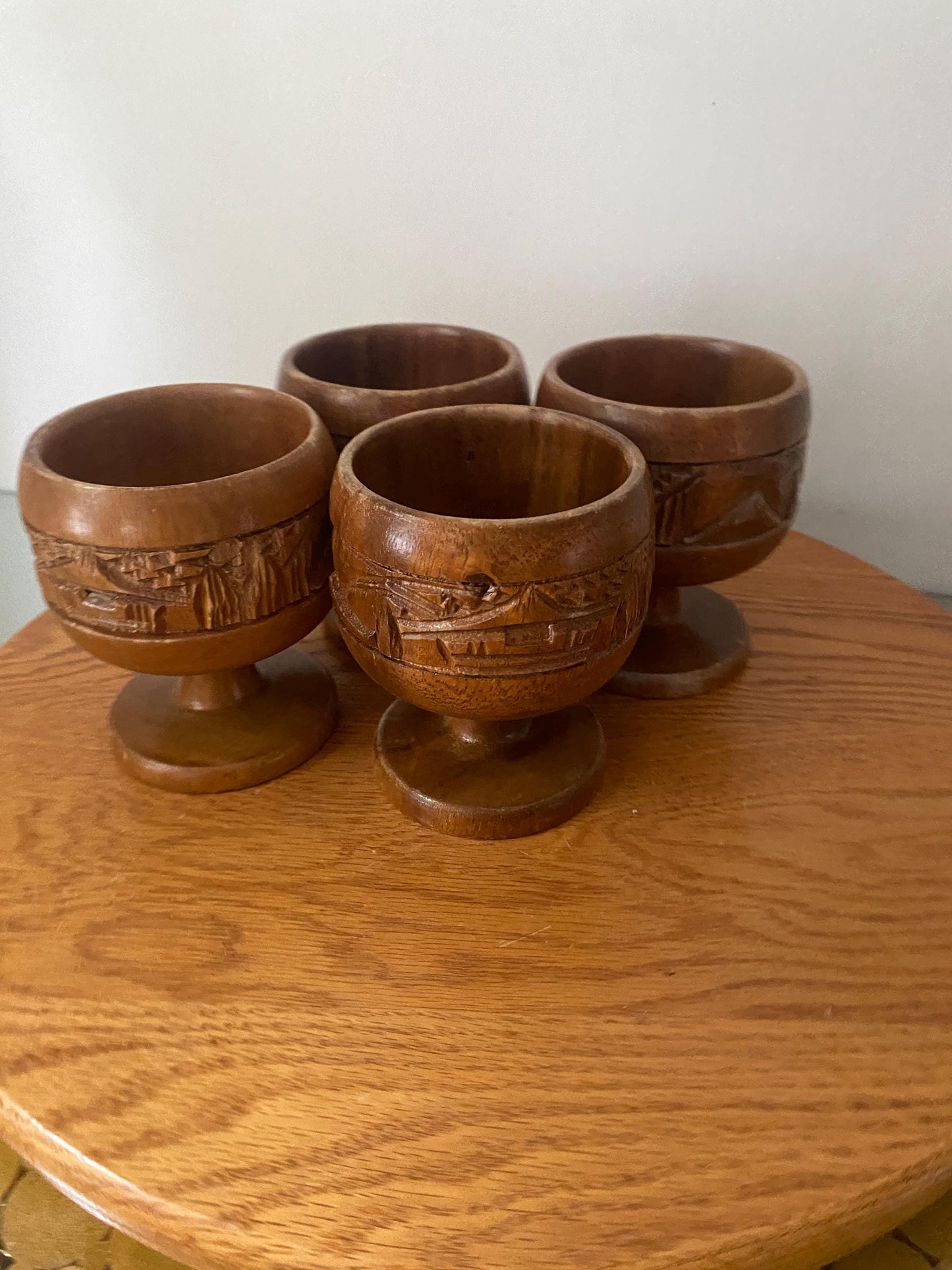 Vintage Set of 4 Carved Wooden Goblets