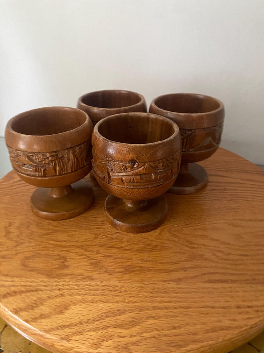 Vintage Set of 4 Carved Wooden Goblets