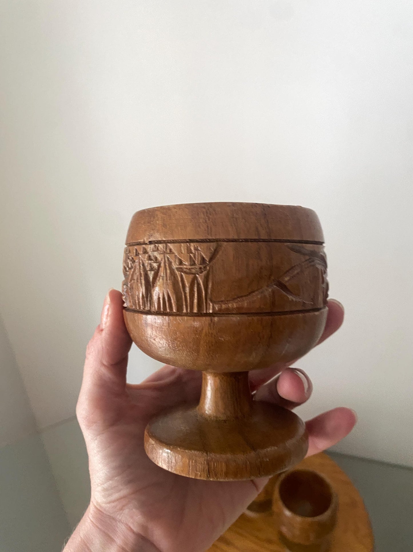 Vintage Set of 4 Carved Wooden Goblets