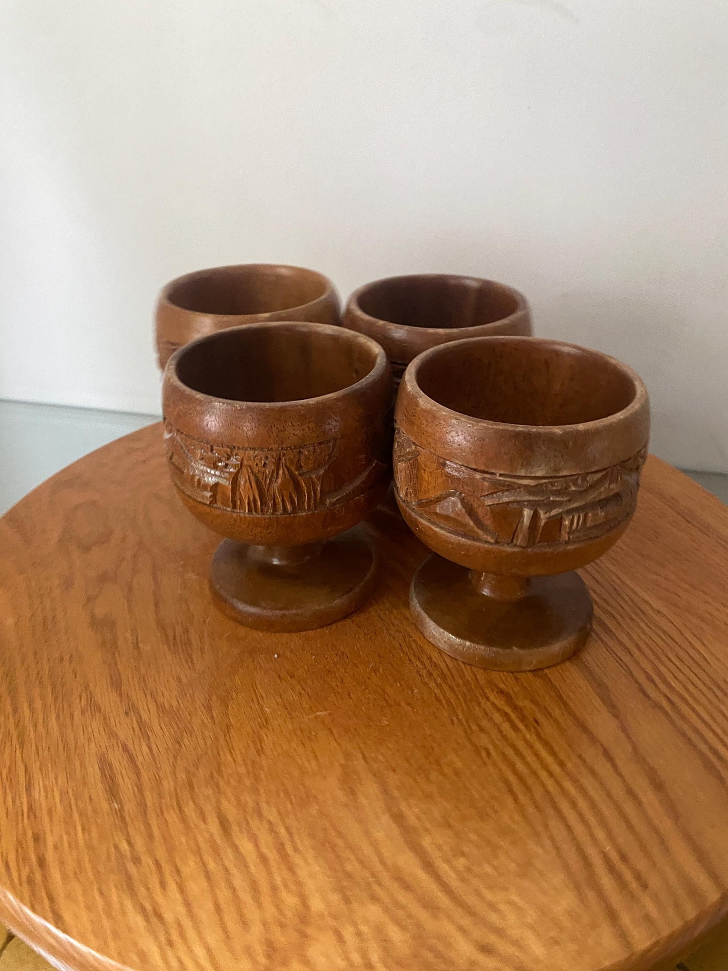 Vintage Set of 4 Carved Wooden Goblets