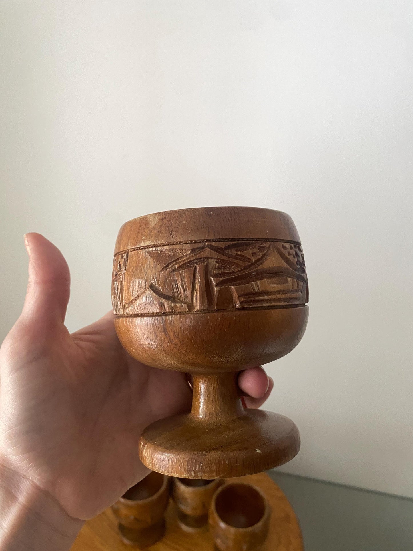 Vintage Set of 4 Carved Wooden Goblets