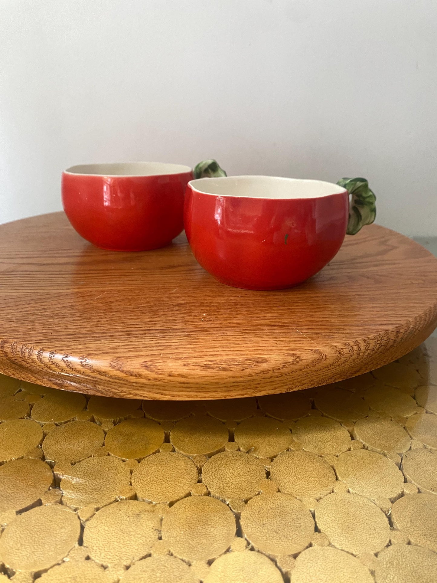 Pair of Vintage Holt Howard (1962) Hand Painted Bright Orange Tomato Cup with Leaf Handle