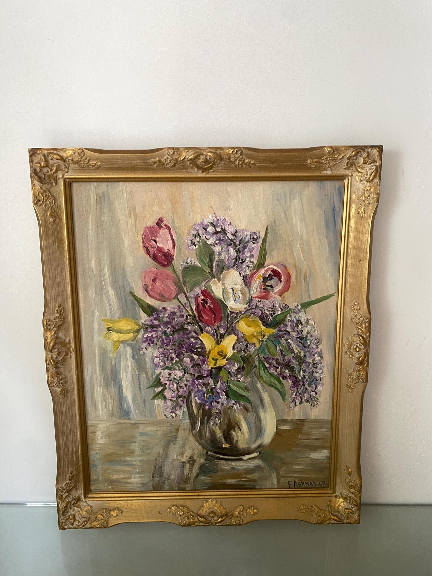 Large Vintage Floral Painting in Gold Wood Frame
