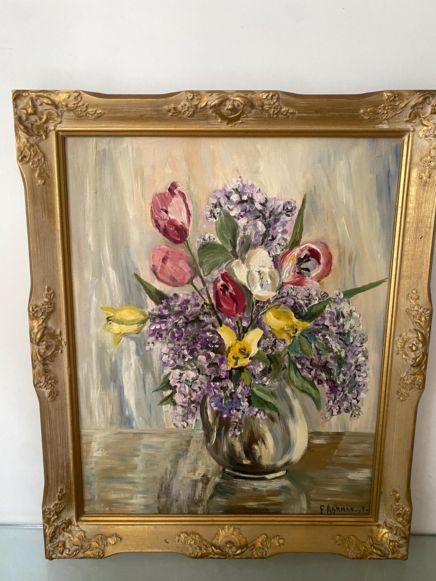 Large Vintage Floral Painting in Gold Wood Frame