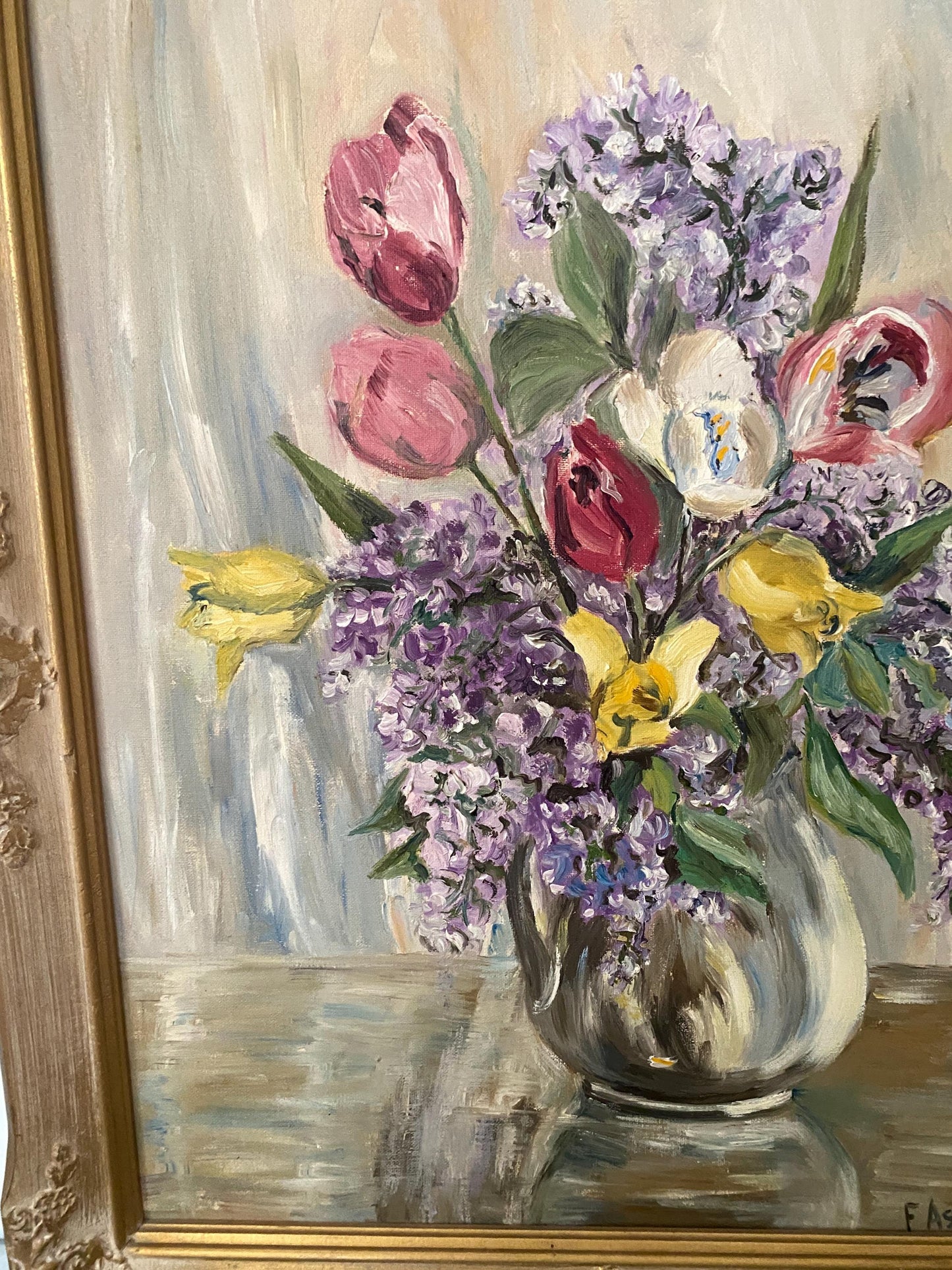 Large Vintage Floral Painting in Gold Wood Frame