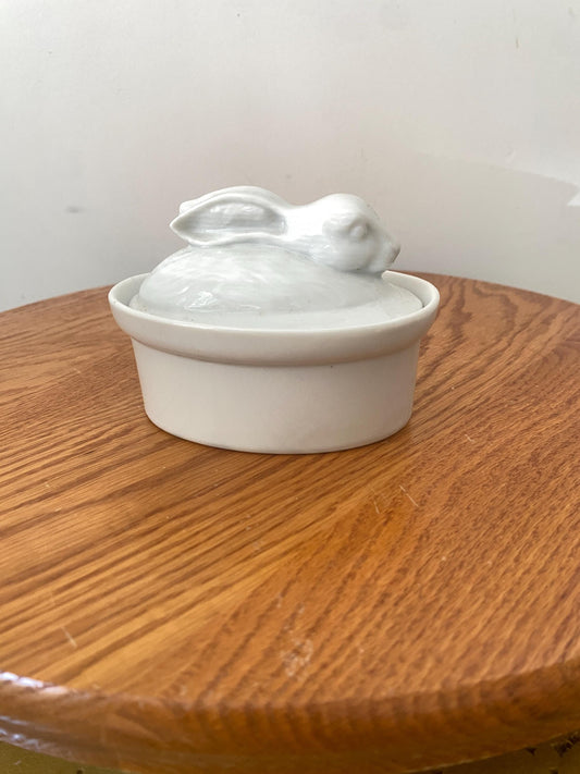 Vintage Small White Ceramic Rabbit on Nest Dish