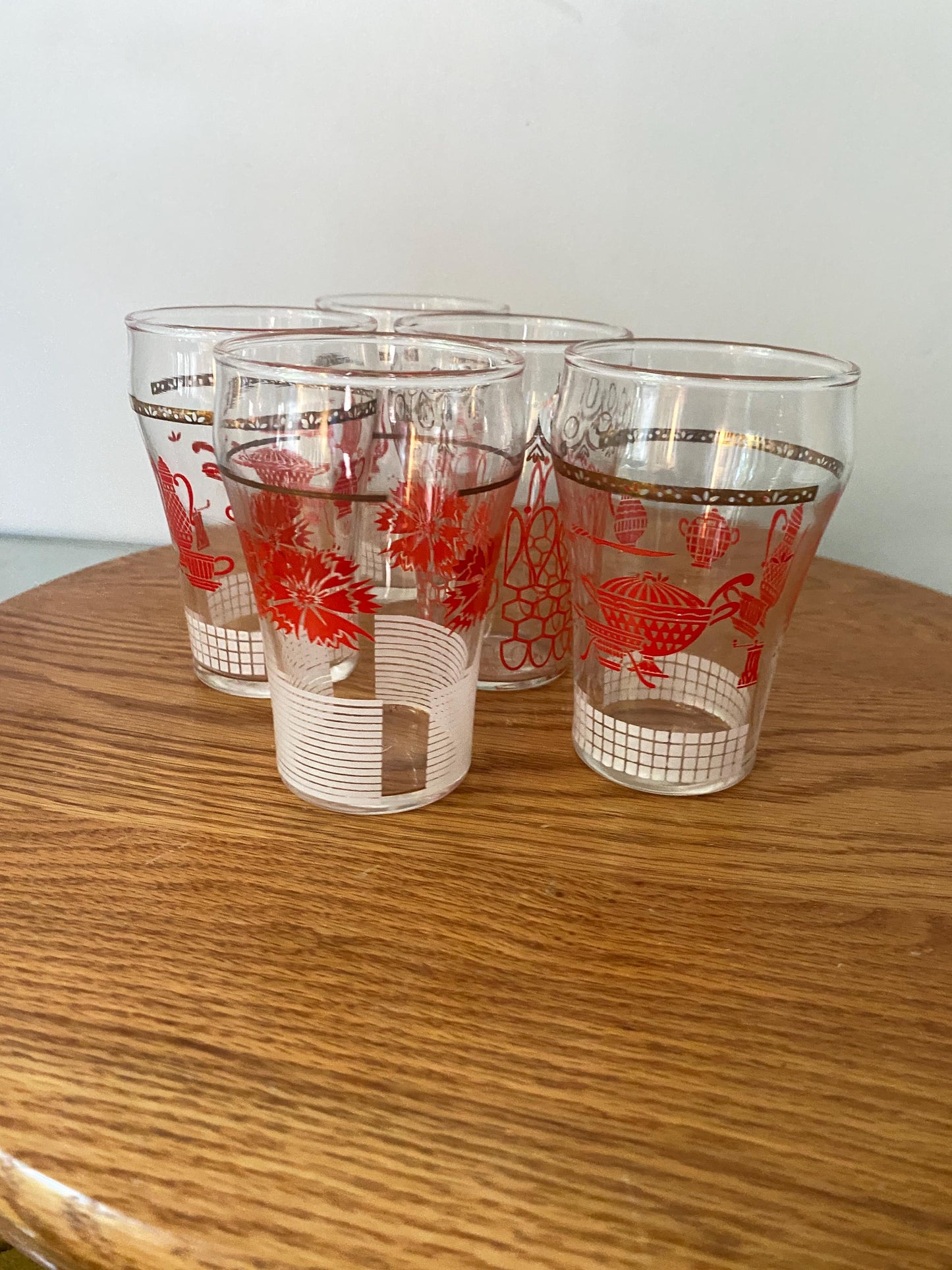 Set of 5 Hand Brick Red and Gold Small Dominion Juice Glasses - 3 Designs