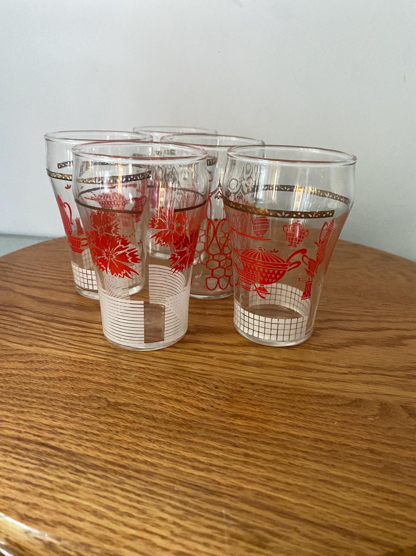 Set of 5 Hand Brick Red and Gold Small Dominion Juice Glasses - 3 Designs