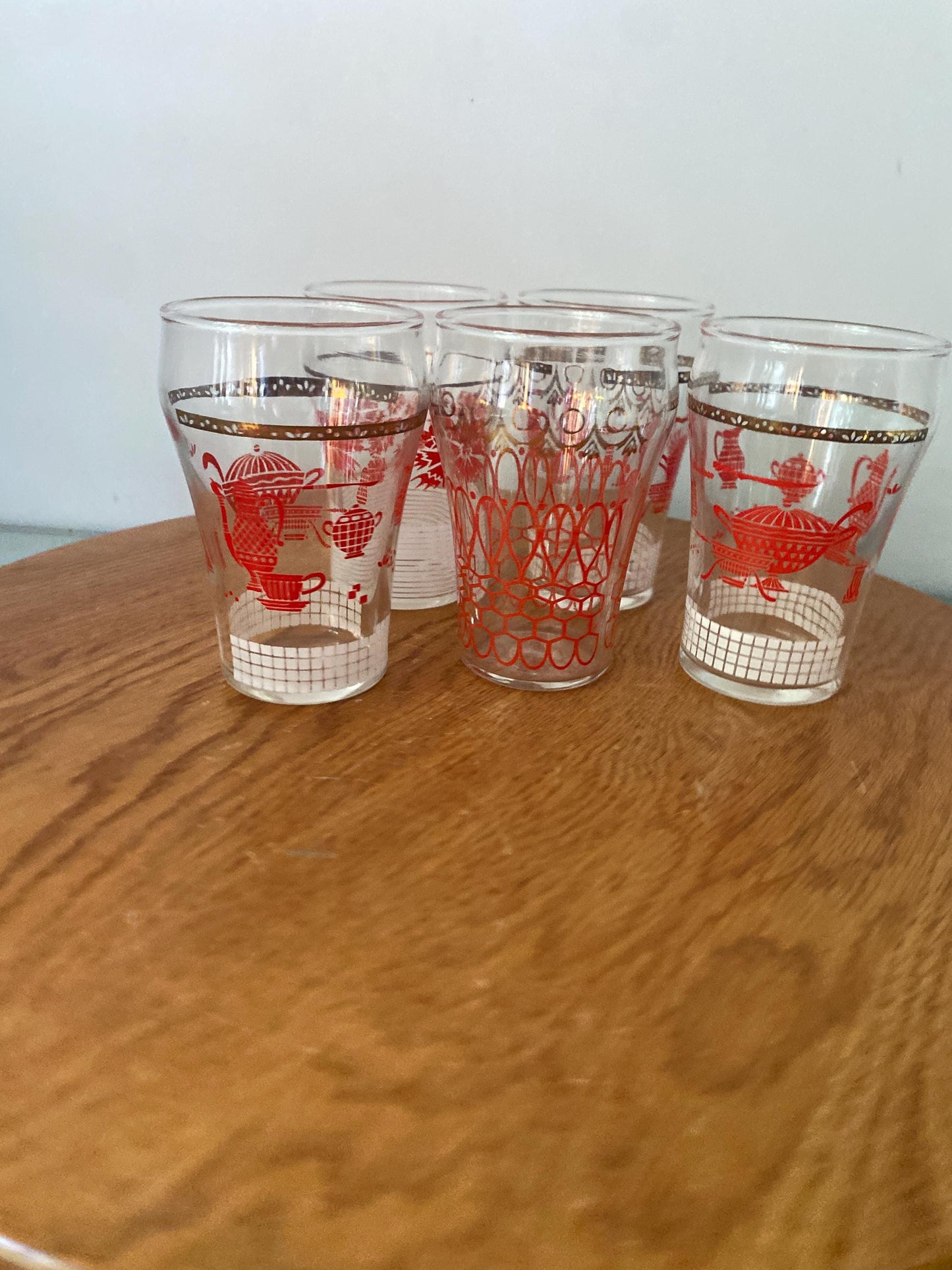 Set of 5 Hand Brick Red and Gold Small Dominion Juice Glasses - 3 Designs