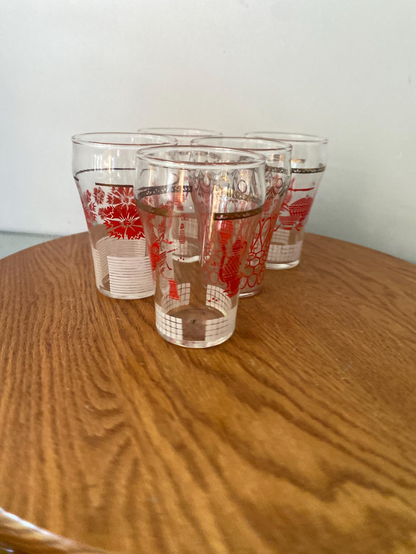 Set of 5 Hand Brick Red and Gold Small Dominion Juice Glasses - 3 Designs