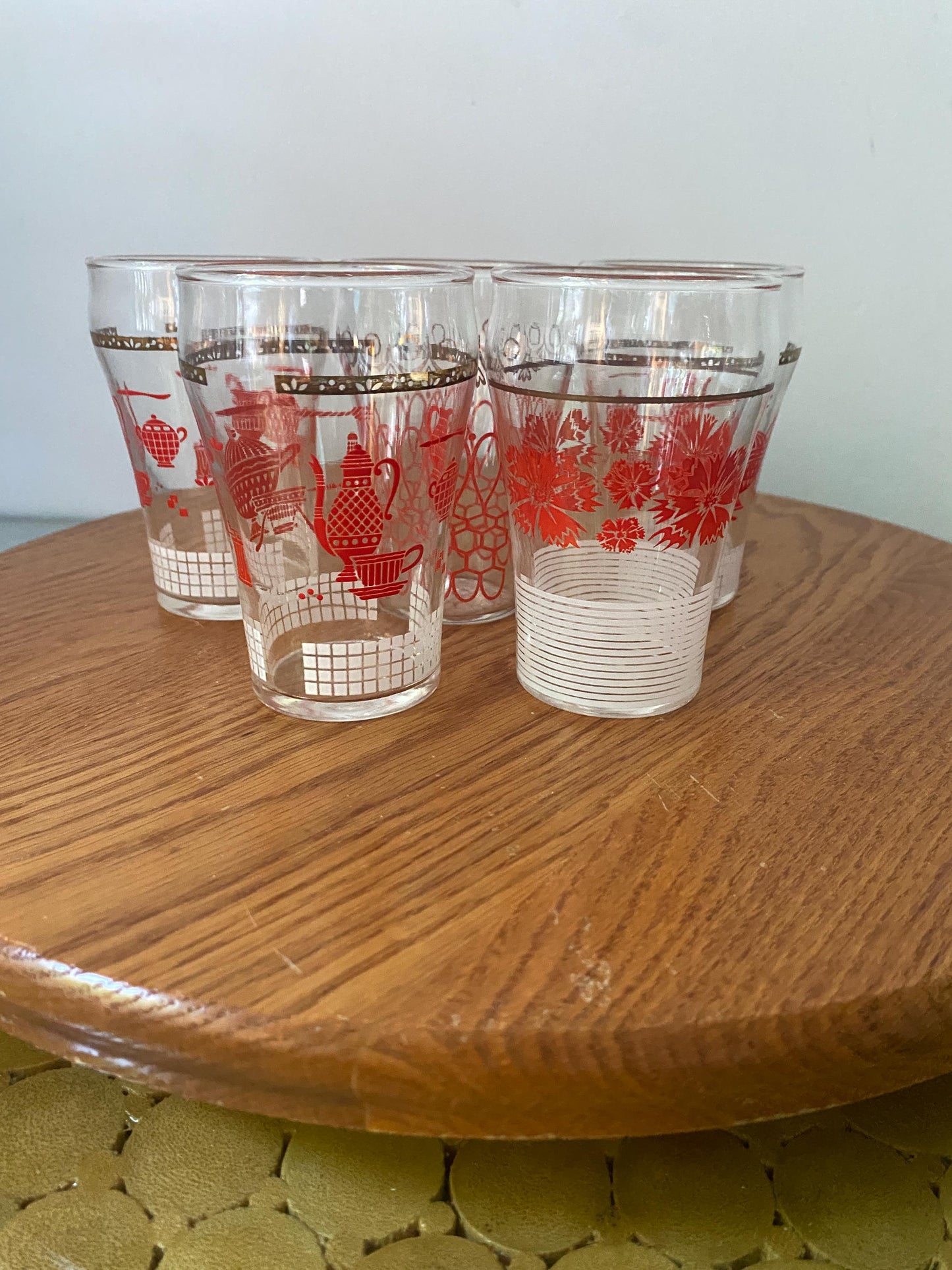 Set of 5 Hand Brick Red and Gold Small Dominion Juice Glasses - 3 Designs