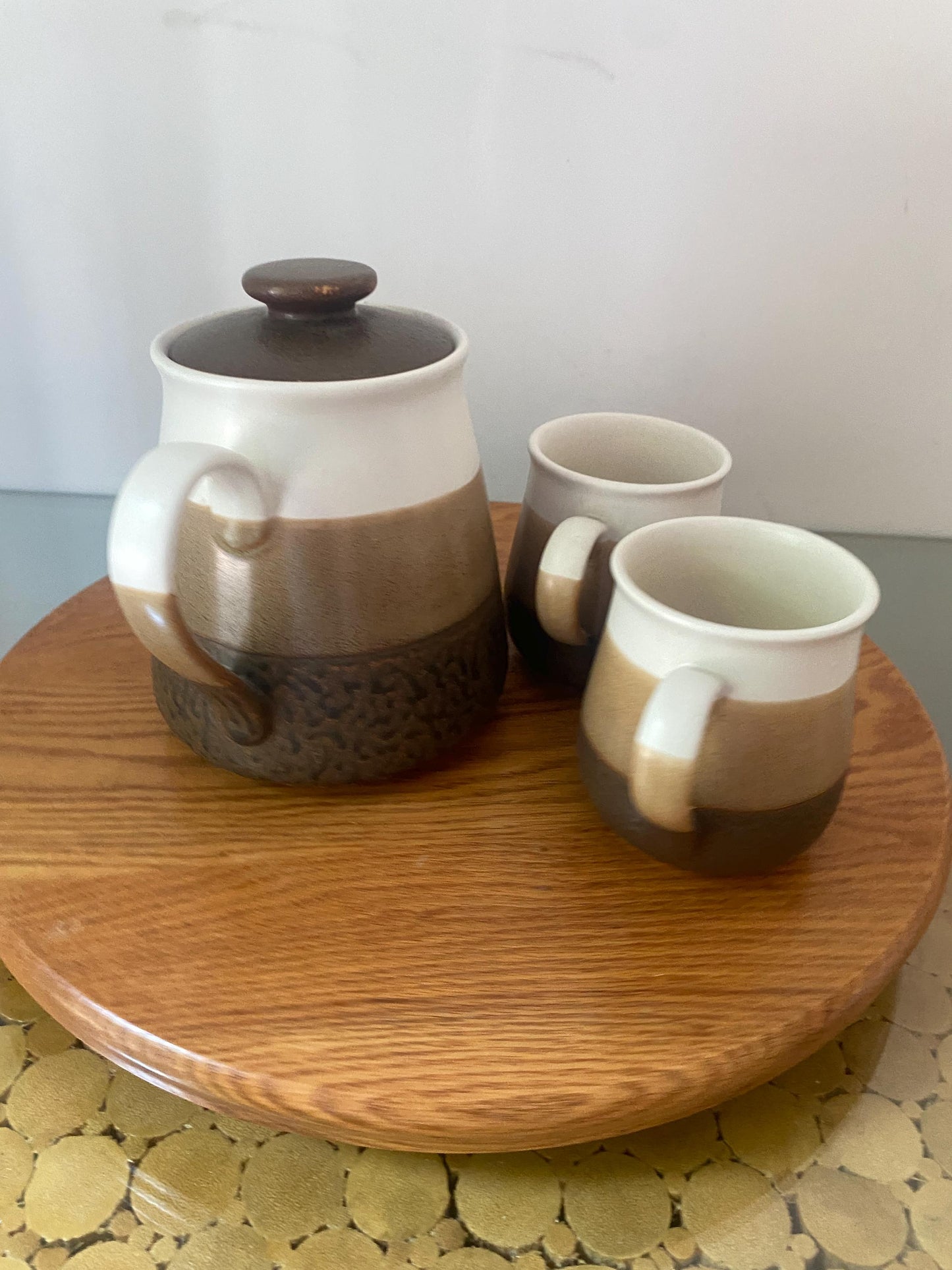 Vintage Brown Stripe Pottery Teapot and Pair of Mugs Made in Japan