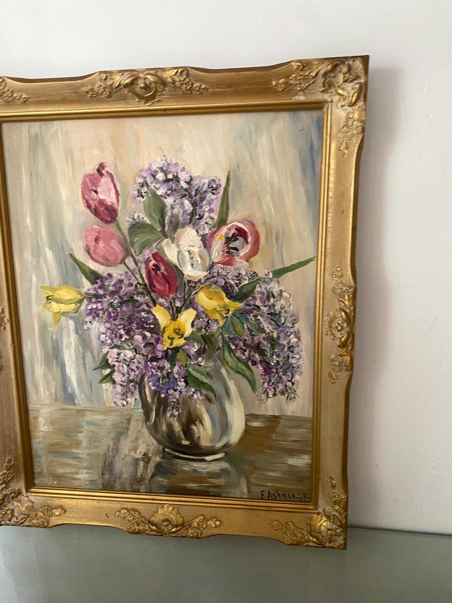 Large Vintage Floral Painting in Gold Wood Frame