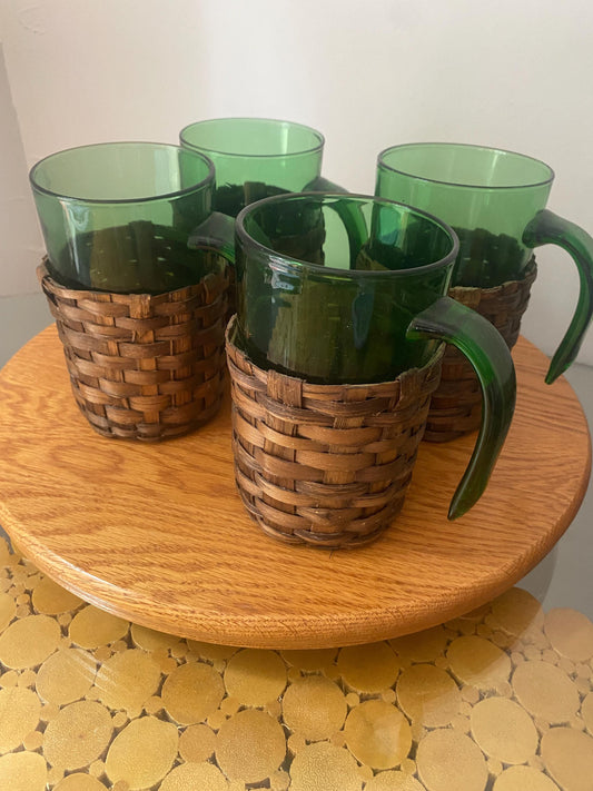 Set of 4 Vintage Emerald Green Glass Mugs with Applied Handle and Woven Caddy