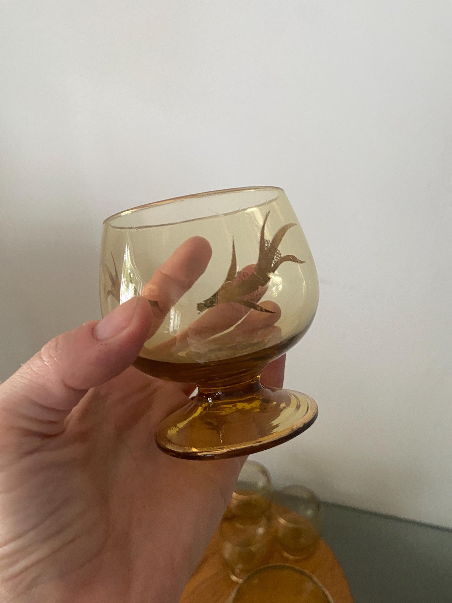 MCM Amber Footed Glass Decanter with Gold Detail and 4 Matching Glasses