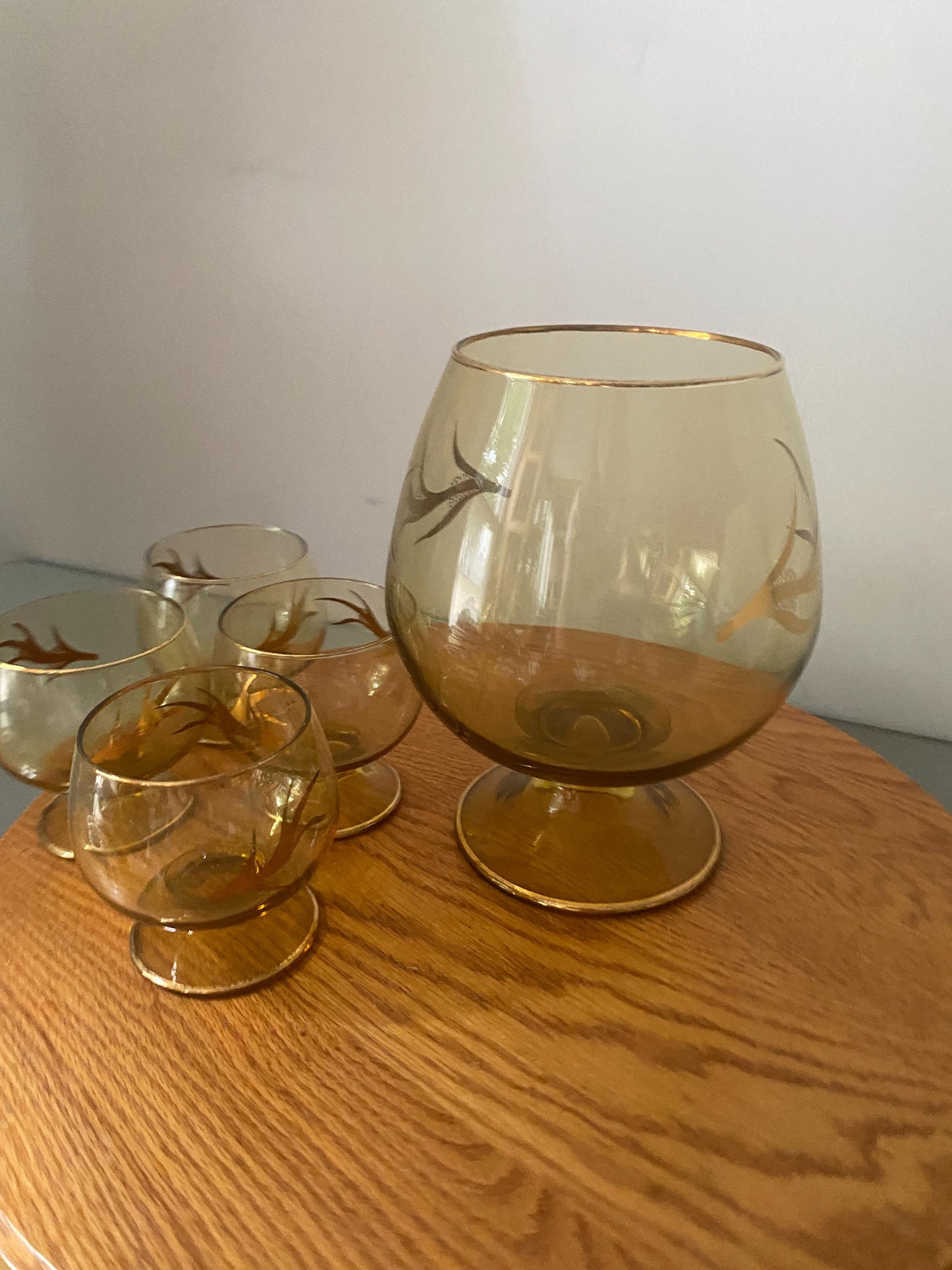 MCM Amber Footed Glass Decanter with Gold Detail and 4 Matching Glasses