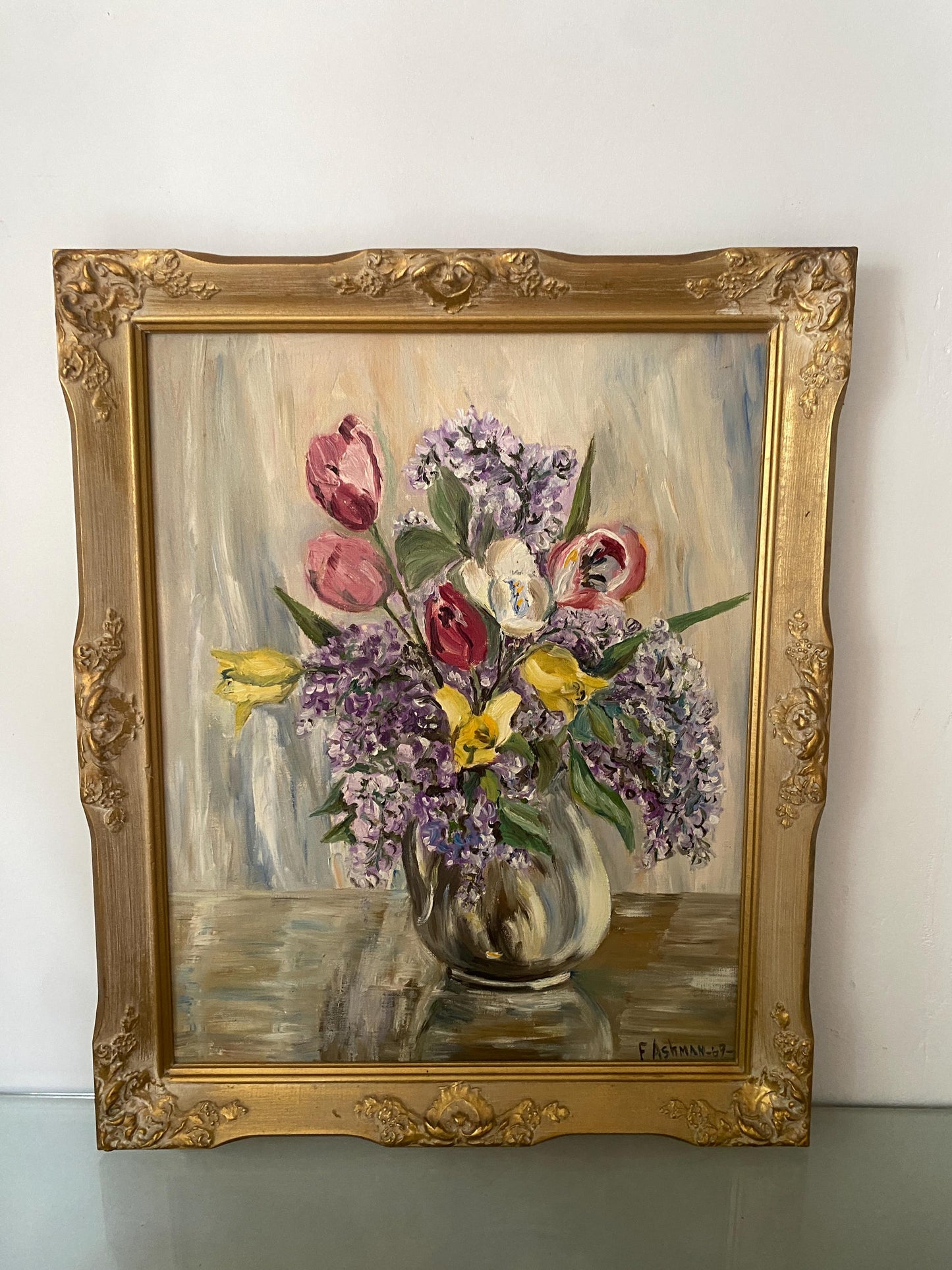 Large Vintage Floral Painting in Gold Wood Frame