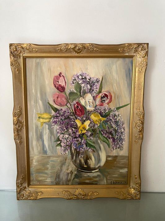 Large Vintage Floral Painting in Gold Wood Frame