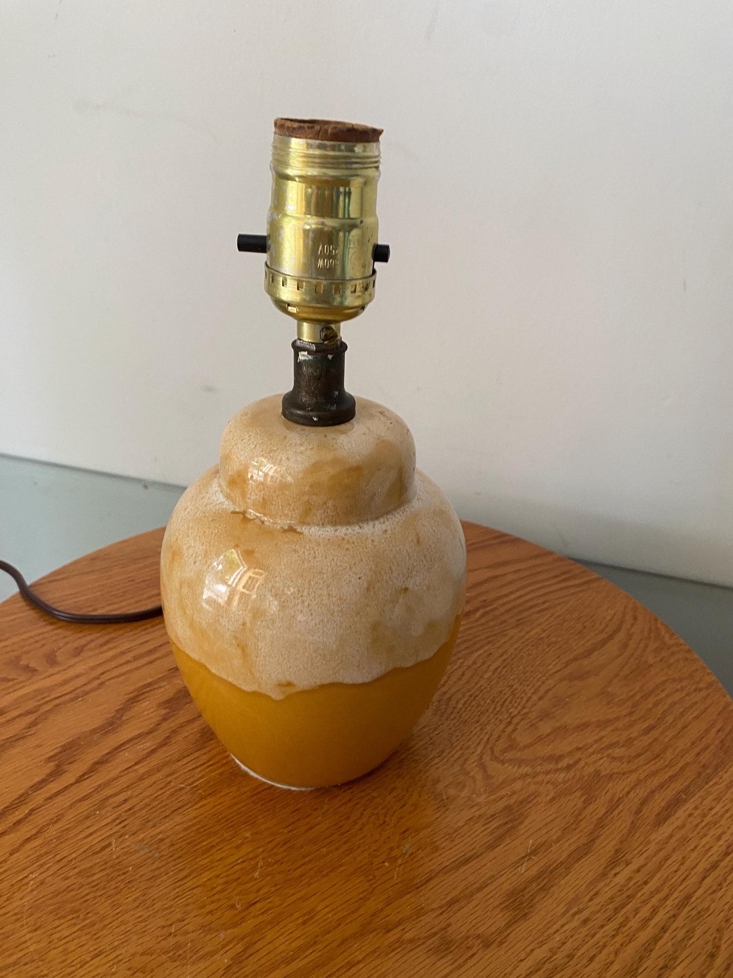 Small Vintage Yellow and Cream Pottery Lamp No Shade