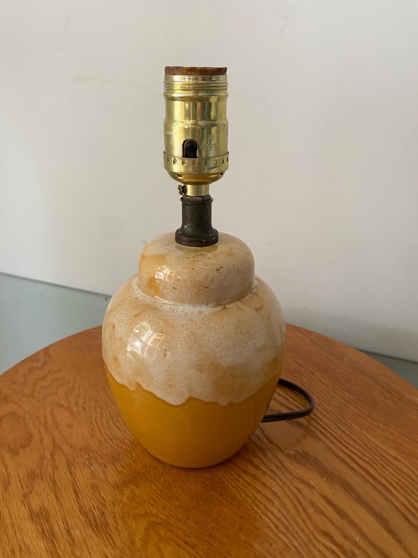 Small Vintage Yellow and Cream Pottery Lamp No Shade