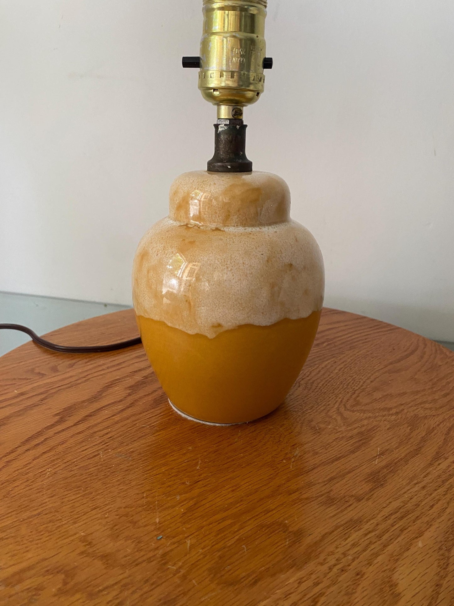 Small Vintage Yellow and Cream Pottery Lamp No Shade