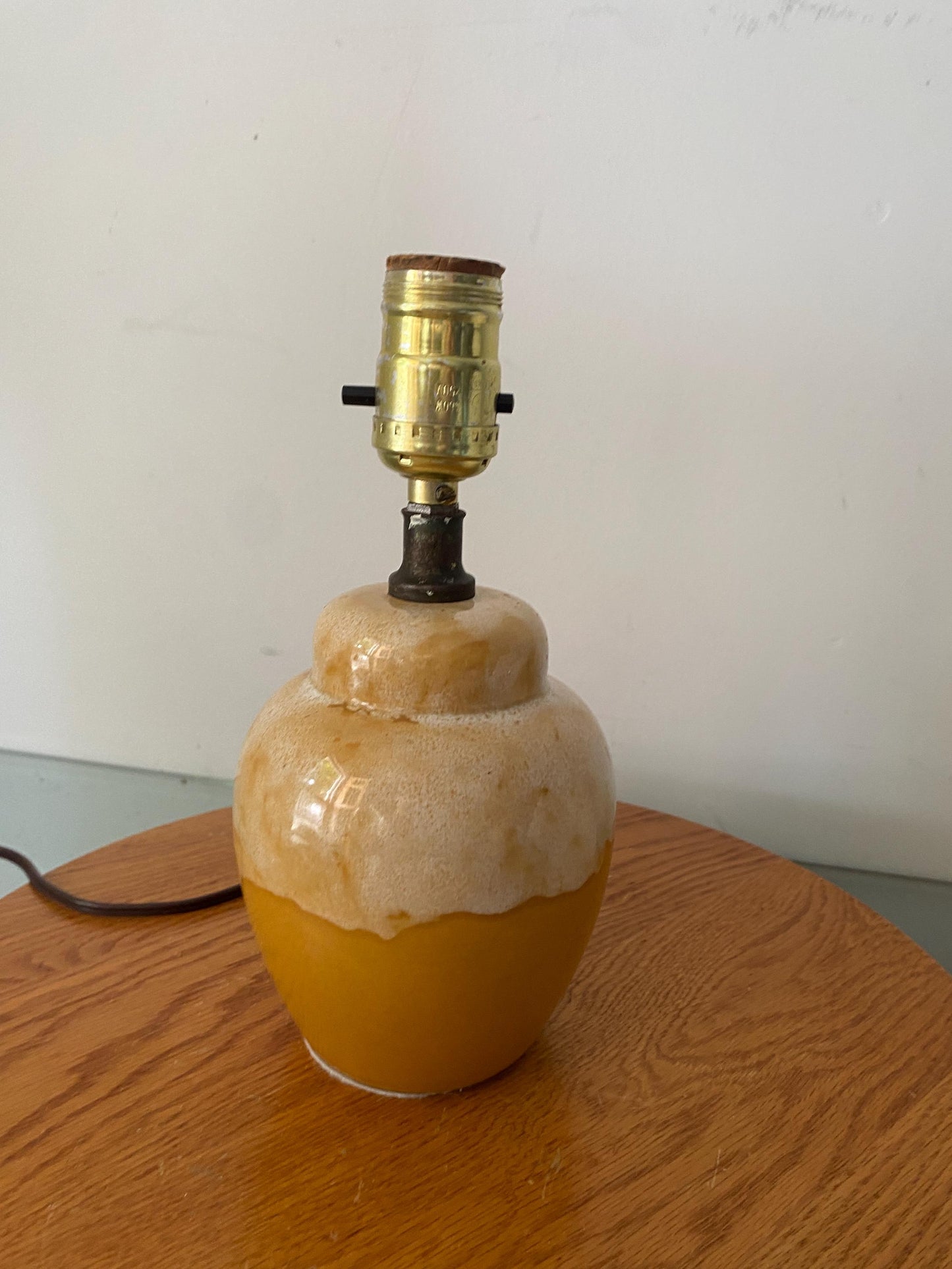 Small Vintage Yellow and Cream Pottery Lamp No Shade