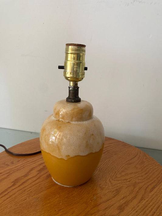 Small Vintage Yellow and Cream Pottery Lamp No Shade