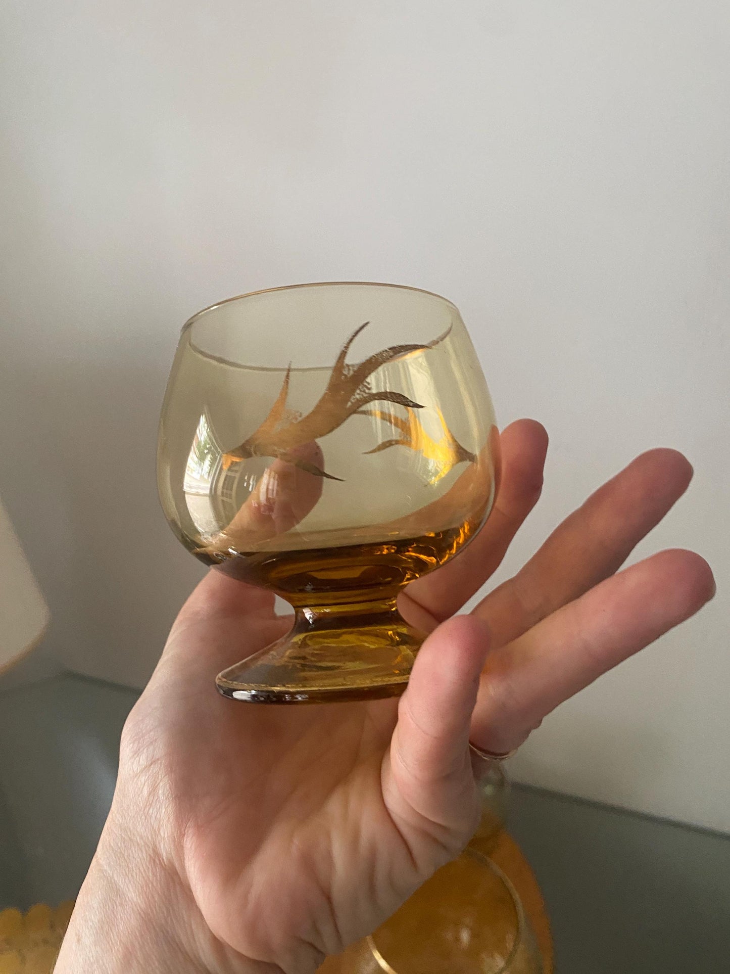 MCM Amber Footed Glass Decanter with Gold Detail and 4 Matching Glasses