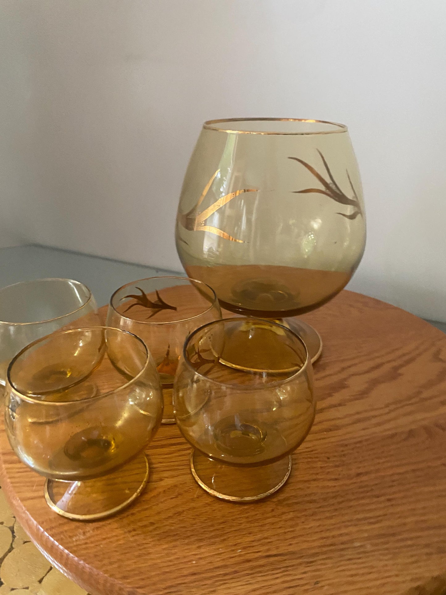 MCM Amber Footed Glass Decanter with Gold Detail and 4 Matching Glasses